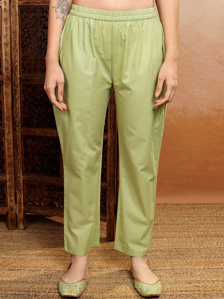 Vishudh Green Printed Thread Work Pure Cotton Straight Kurta With Trousers & Dupatta