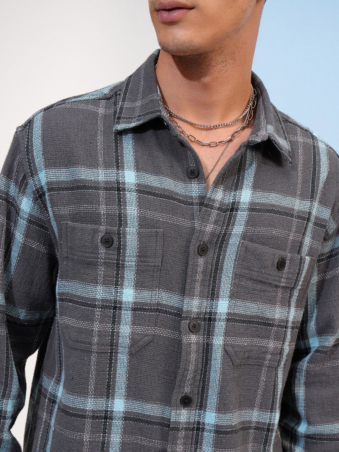 Highlander Men Oversized Textured Dobby Checked Overshirt