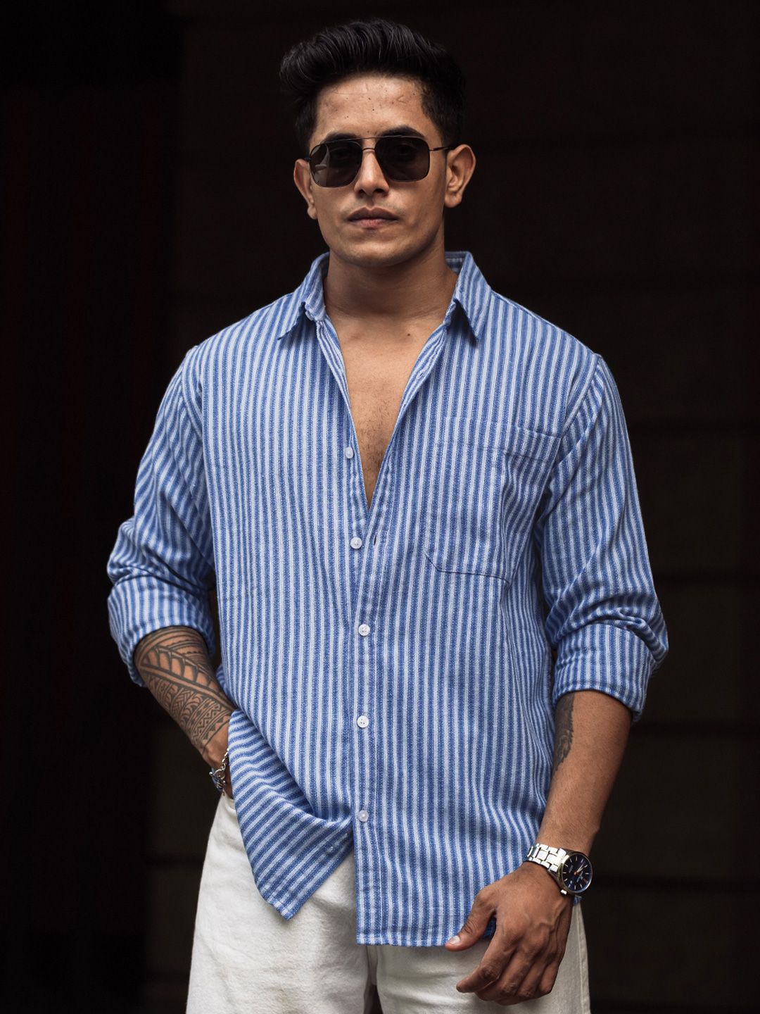 Powerlook Men Spread Collar Vertical Striped Cotton Casual Shirt