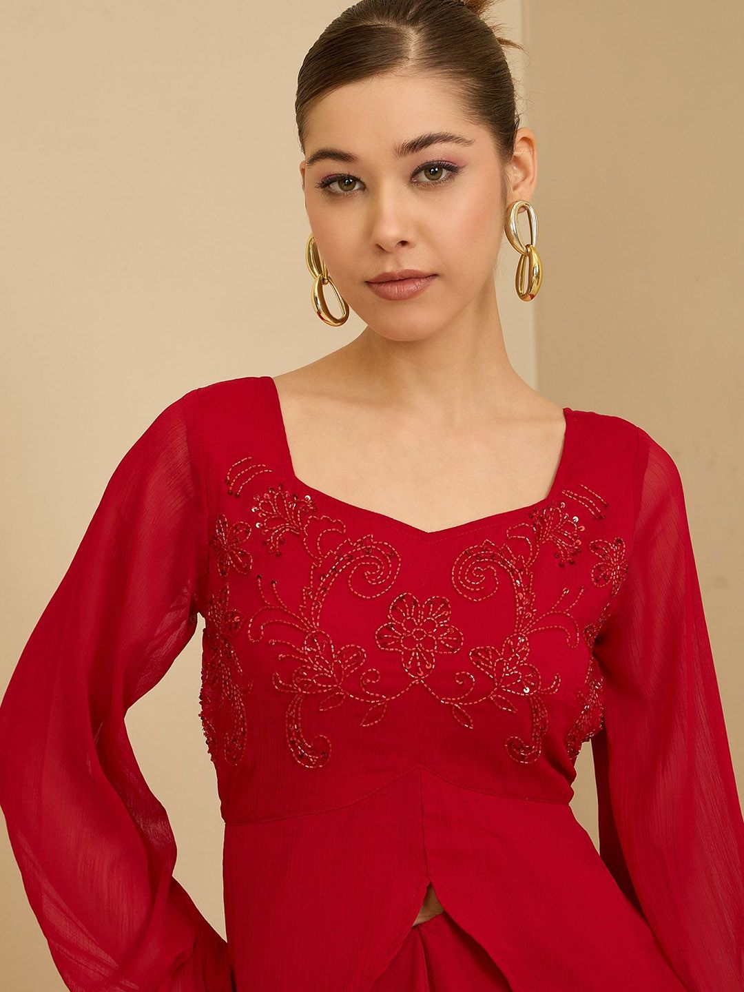 Antheaa Red Embellished Square Neck Top With Skirt