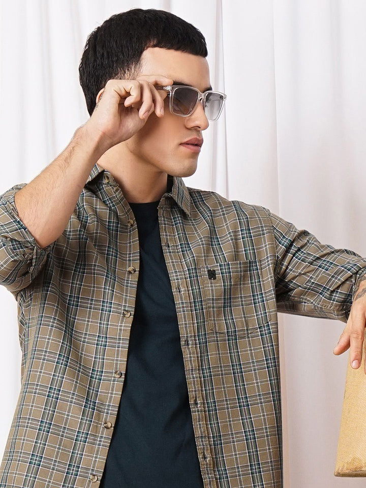 The Indian Garage Co Men Brown & Green Checked Pure Cotton Casual Shirt