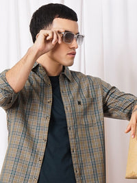 The Indian Garage Co Men Brown & Green Checked Pure Cotton Casual Shirt