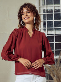 SASSAFRAS Rust V-Neck Puff Sleeves Ruffled Top