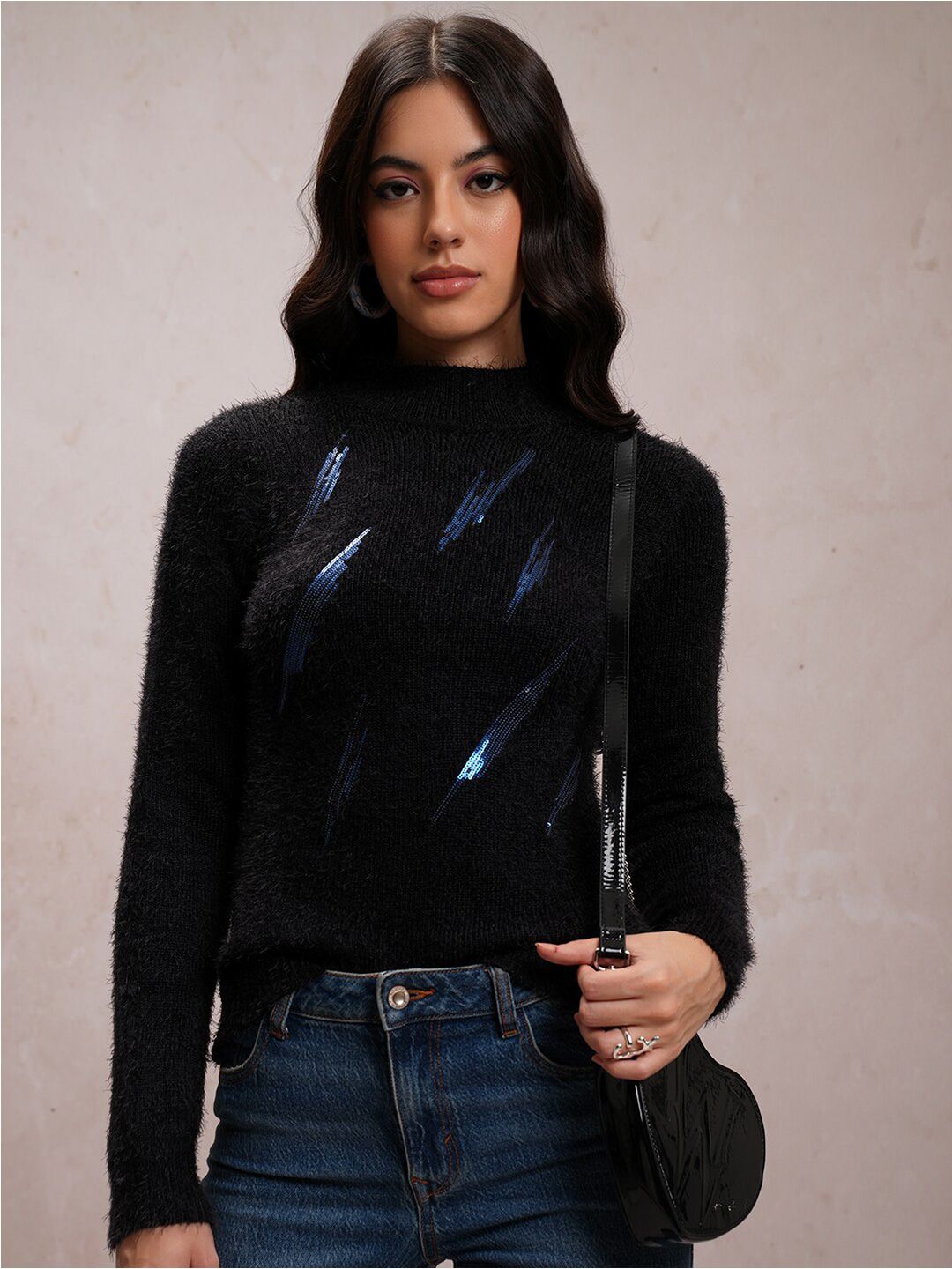 Tokyo Talkies Black Embellished High Neck Acrylic Pullover
