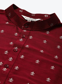 SOJANYA PLUS Men Maroon & Silver Jacquard Silk Woven Design Straight Kurta