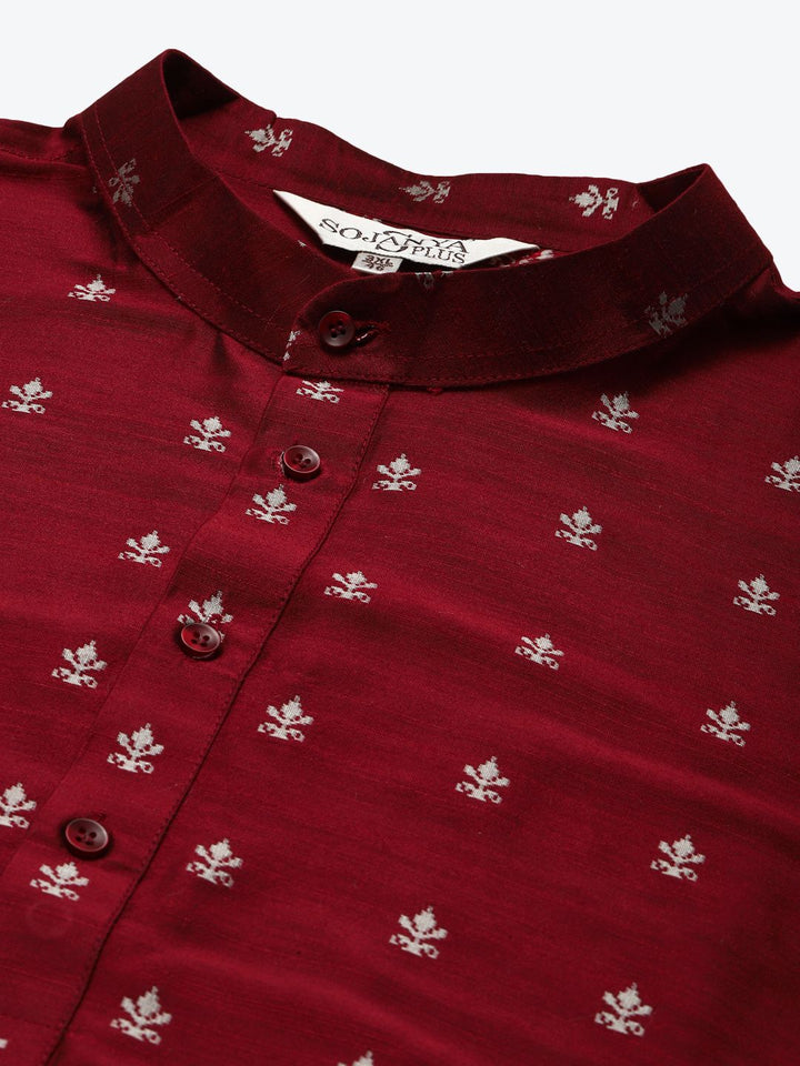 SOJANYA PLUS Lelaki Maroon & Silver Jacquard Tenunan Sutera Rekaan Lurus Kurta