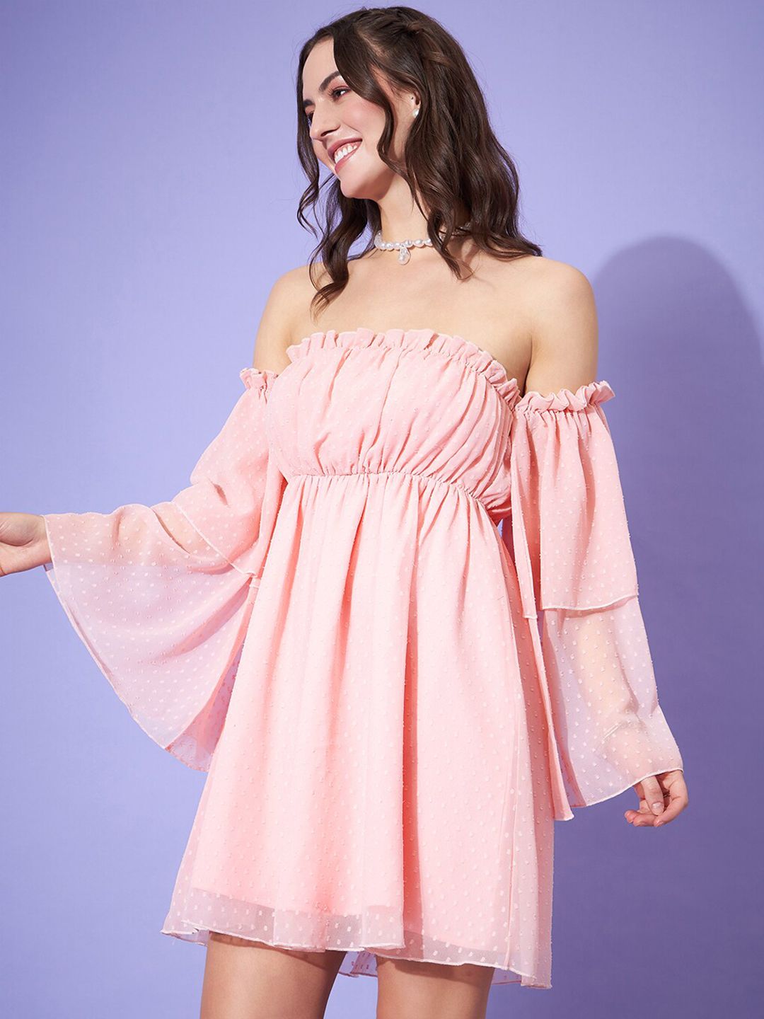 Berrylush Self Design Off-Shoulder Ruffled A-Line Dress