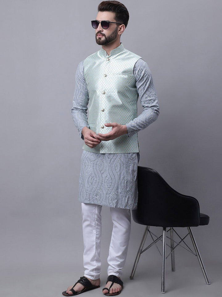 SOJANYA Motif Etnik Kurta Kapas Tulen Labuci Biasa Dengan Piyama & Jaket Nehru