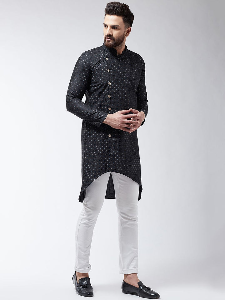SOJANYA Lelaki Black Printed Cotton Linen Kurta Lurus