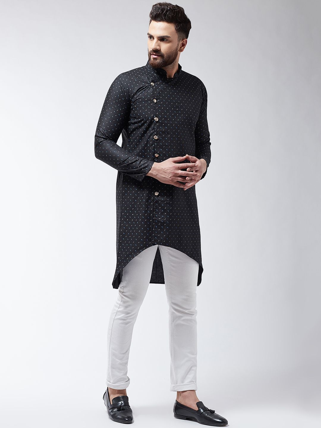 SOJANYA Lelaki Black Printed Cotton Linen Kurta Lurus