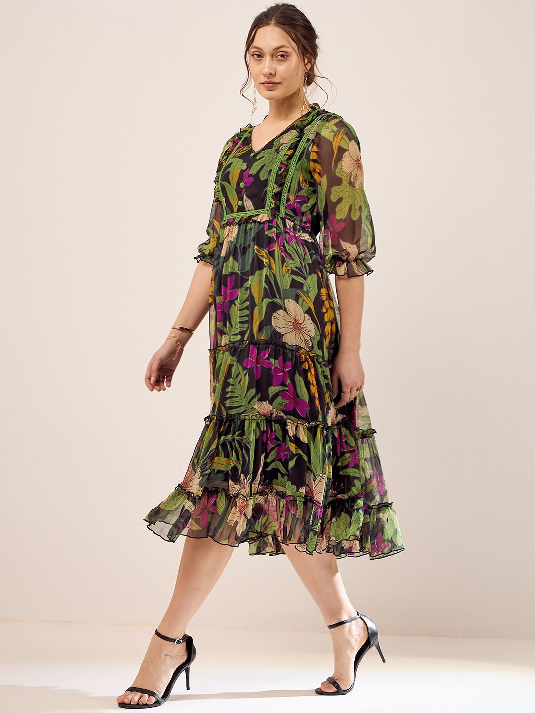 Antheaa Black & Green Floral Printed Puff Sleeves Gathered Tiered Fit & Flare Midi Dress