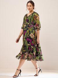 Antheaa Black & Green Floral Printed Puff Sleeves Gathered Tiered Fit & Flare Midi Dress