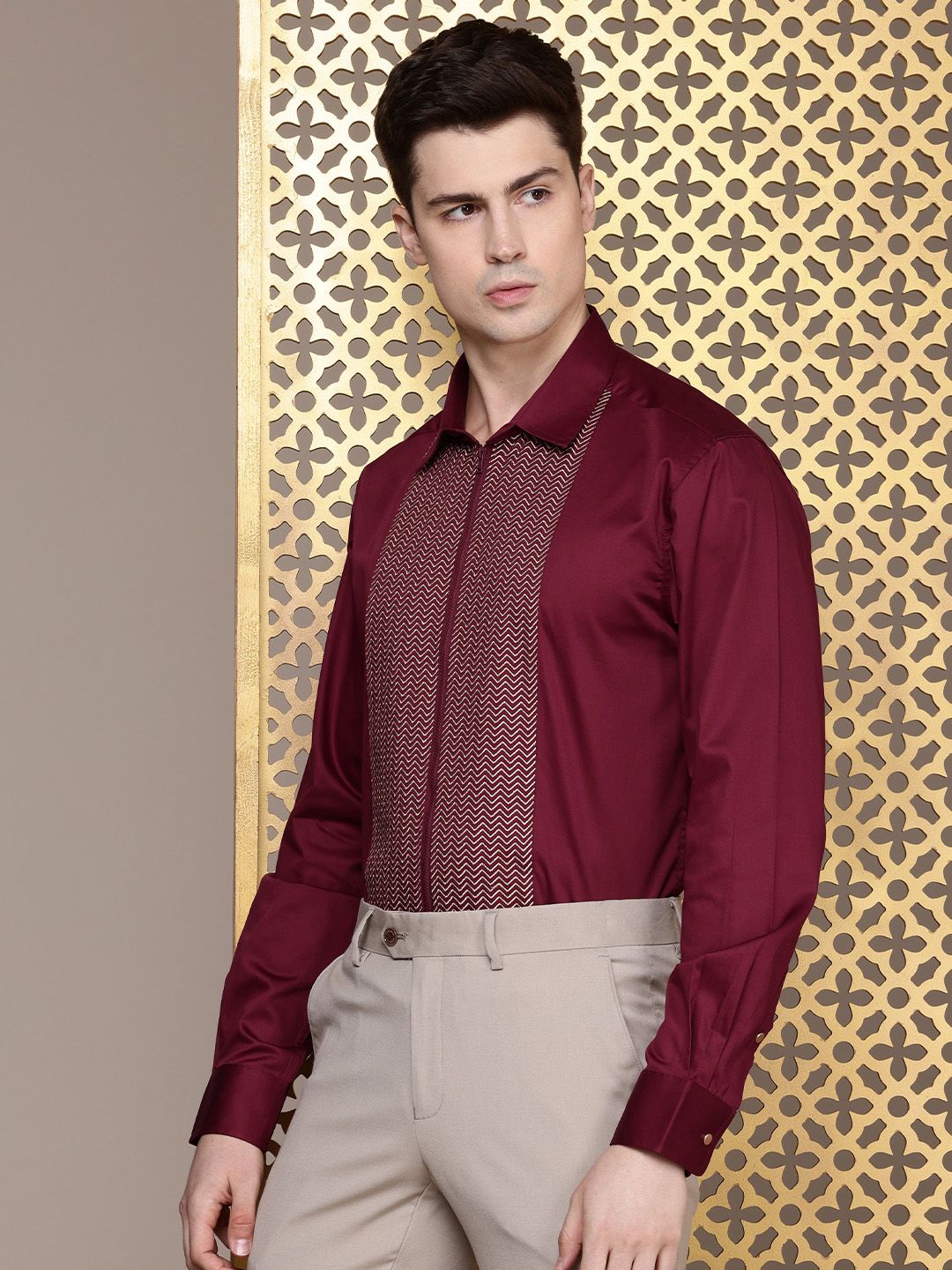 House of Pataudi Pure Cotton Zari Work Chevron Opaque Party Shirt