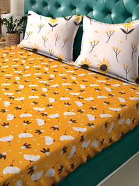 KLOTTHE Yellow & White Floral Printed 300TC Dilengkapi Cadar King Double Dengan Sarung Bantal