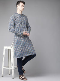 See Designs Men Blue & Grey Geometric Block Print Cotton Sustainable Handloom Kurta