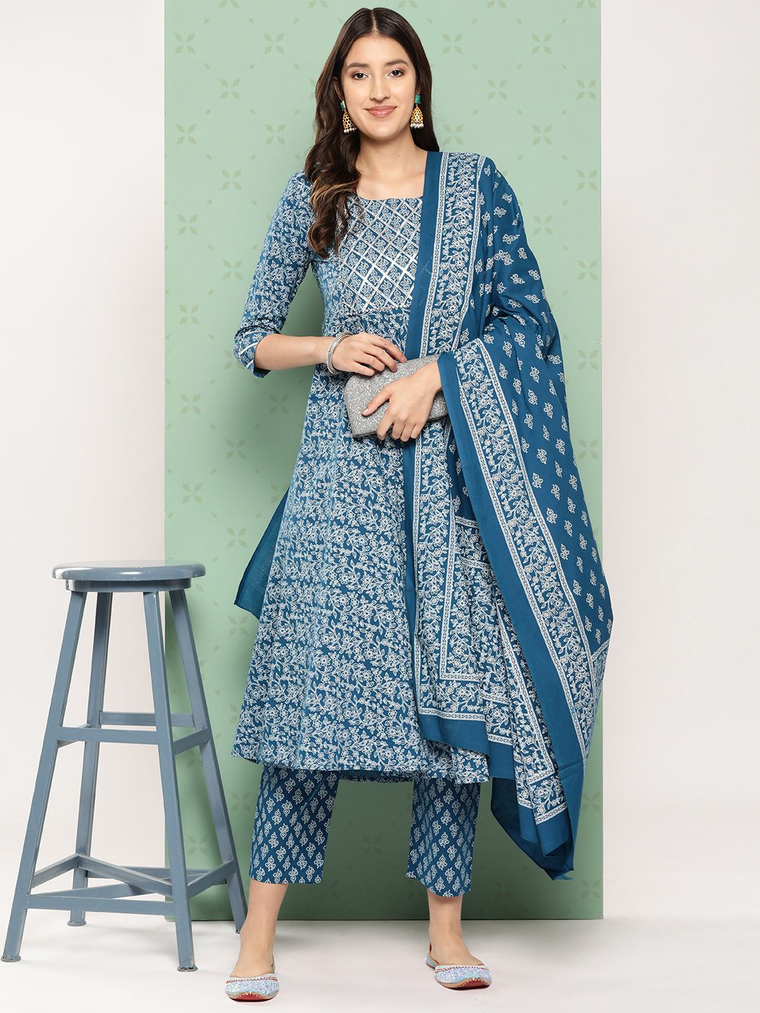 KALINI Women Ethnic Motifs Printed Empire Gotta Patti Kurta with Trousers & With Dupatta