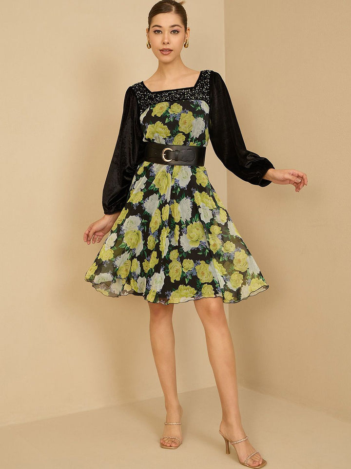 Antheaa Women Floral Printed Embellished Fit & Flare Dress