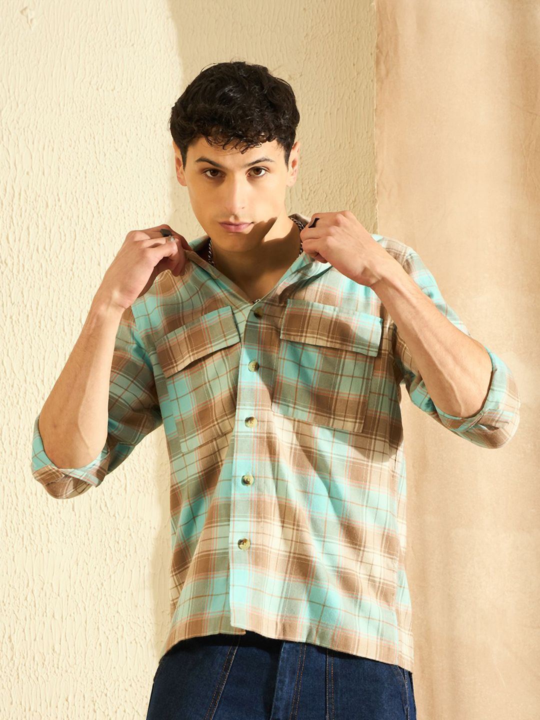 DENNISON Smart Tartan Checks Cuban Collar Cotton Casual Shirt