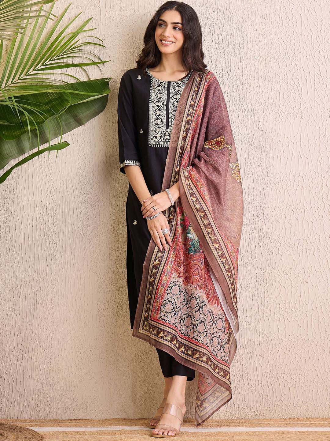 Indo Era Women Ethnic Motifs Embroidered Regular Liva Kurta with Trousers & With Dupatta