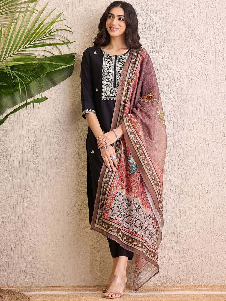 Indo Era Women Ethnic Motifs Embroidered Regular Liva Kurta with Trousers & With Dupatta