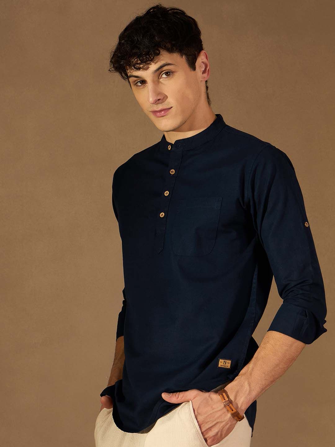 DENNISON Lelaki Navy Blue Solid Straight Pure Cotton Short Kurta