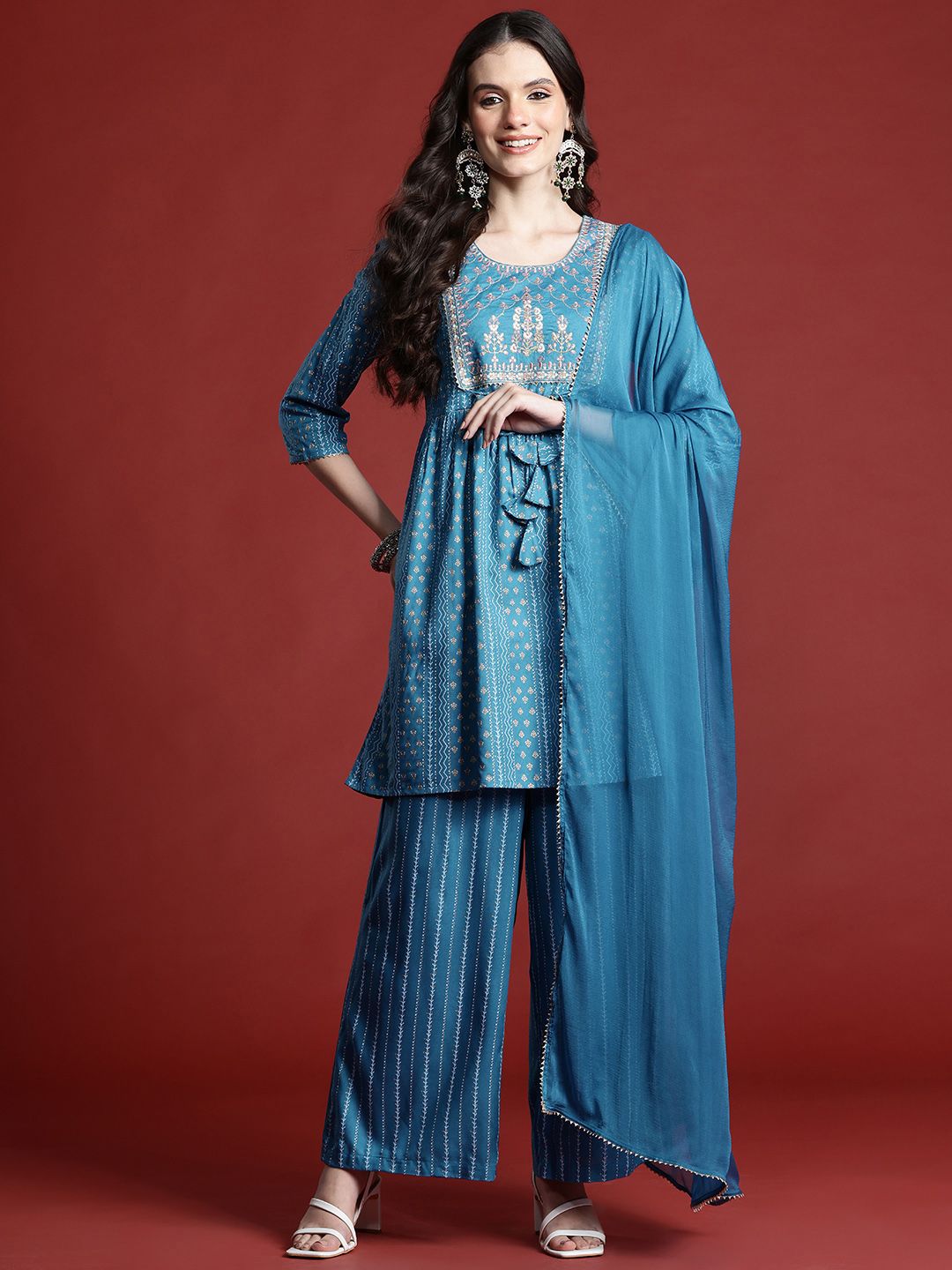 Anouk Women Ethnic Motifs Printed Empire Thread Work Kurta with Palazzos & With Dupatta