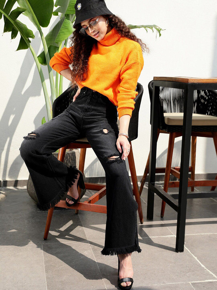 STREET 9 Women Black Flared High-Rise Mildly Distressed Light Fade Dark Shade Jeans