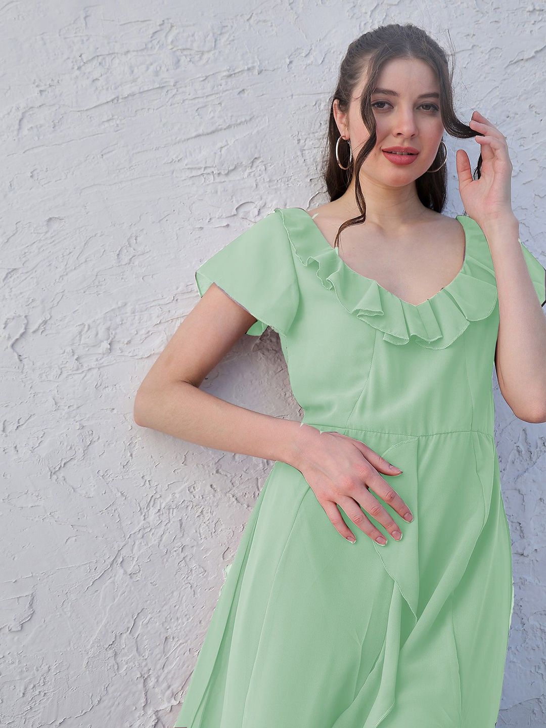 Athena Green V-Neck Flared Sleeve Ruffled Georgette Maxi Dress