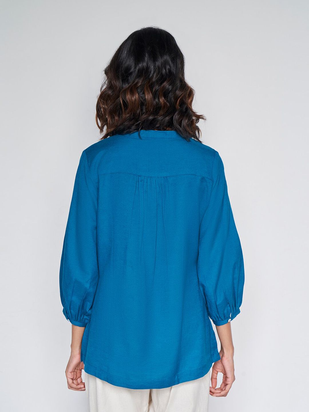 Global Desi Geometric Embroidered Mandarin Collar Cuffed Sleeves Shirt Style Top