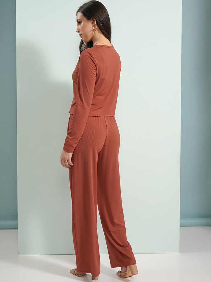 Tokyo Talkies Rust Shoulder Straps Camitop With Cardigan And Trouser