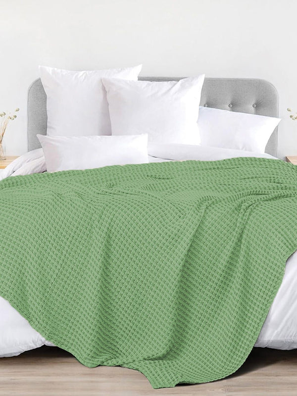 URBAN SPACE Green Checked AC Room 150 GSM Cotton Double Bed Waffle Weave Blanket