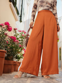 DressBerry Women Burnt Orange Glossy Grace Wide Leg Trousers