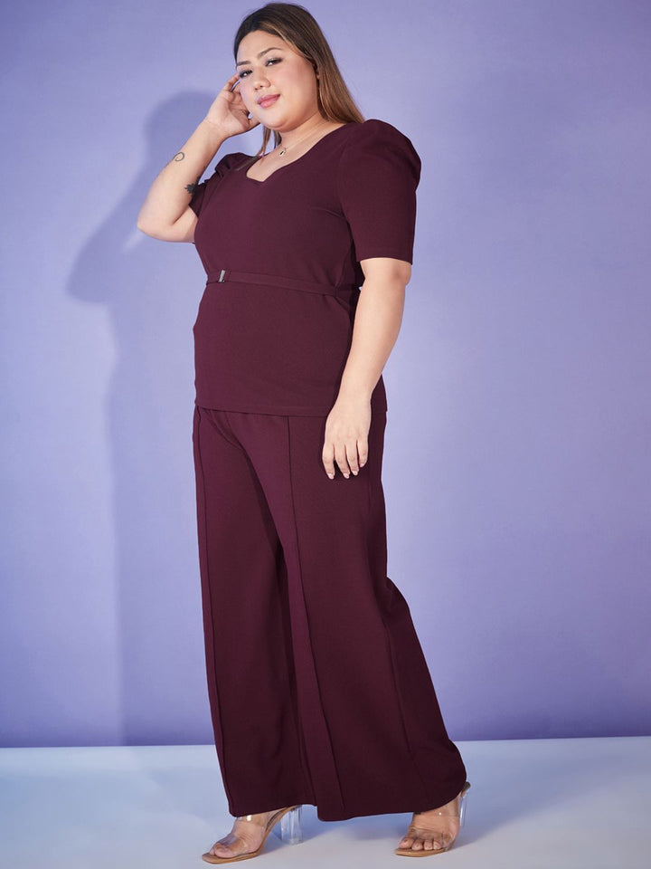 SASSAFRAS Curve Burgundy Plus Size Self-Design Top Wit Trouser Co-Ords