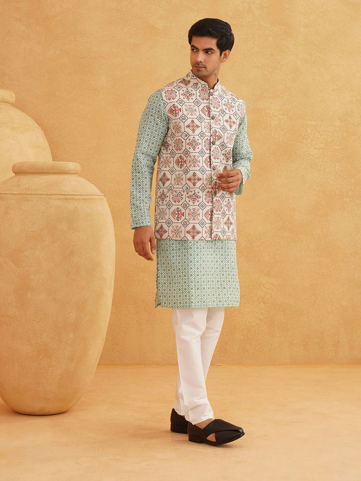 SOJANYA Kurta Bercetak Motif Etnik Lelaki Dengan Piyama & Jaket Nehru