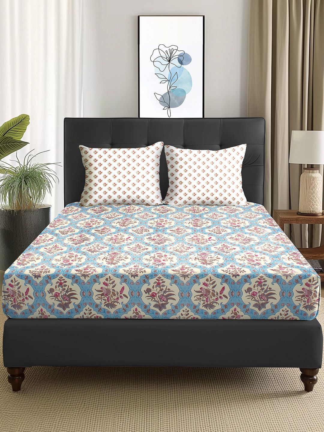 Story@home Cream-Coloured & Pink Floral Microfiber 180 TC Queen Bedsheet & 2 Pillow Covers