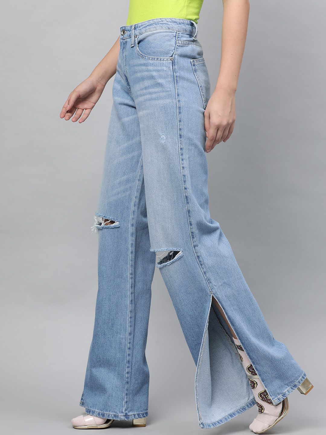 STREET 9 Women Blue Flared Mid-Rise Slash Knee Stretchable Jeans