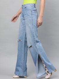 STREET 9 Women Blue Flared Mid-Rise Slash Knee Stretchable Jeans