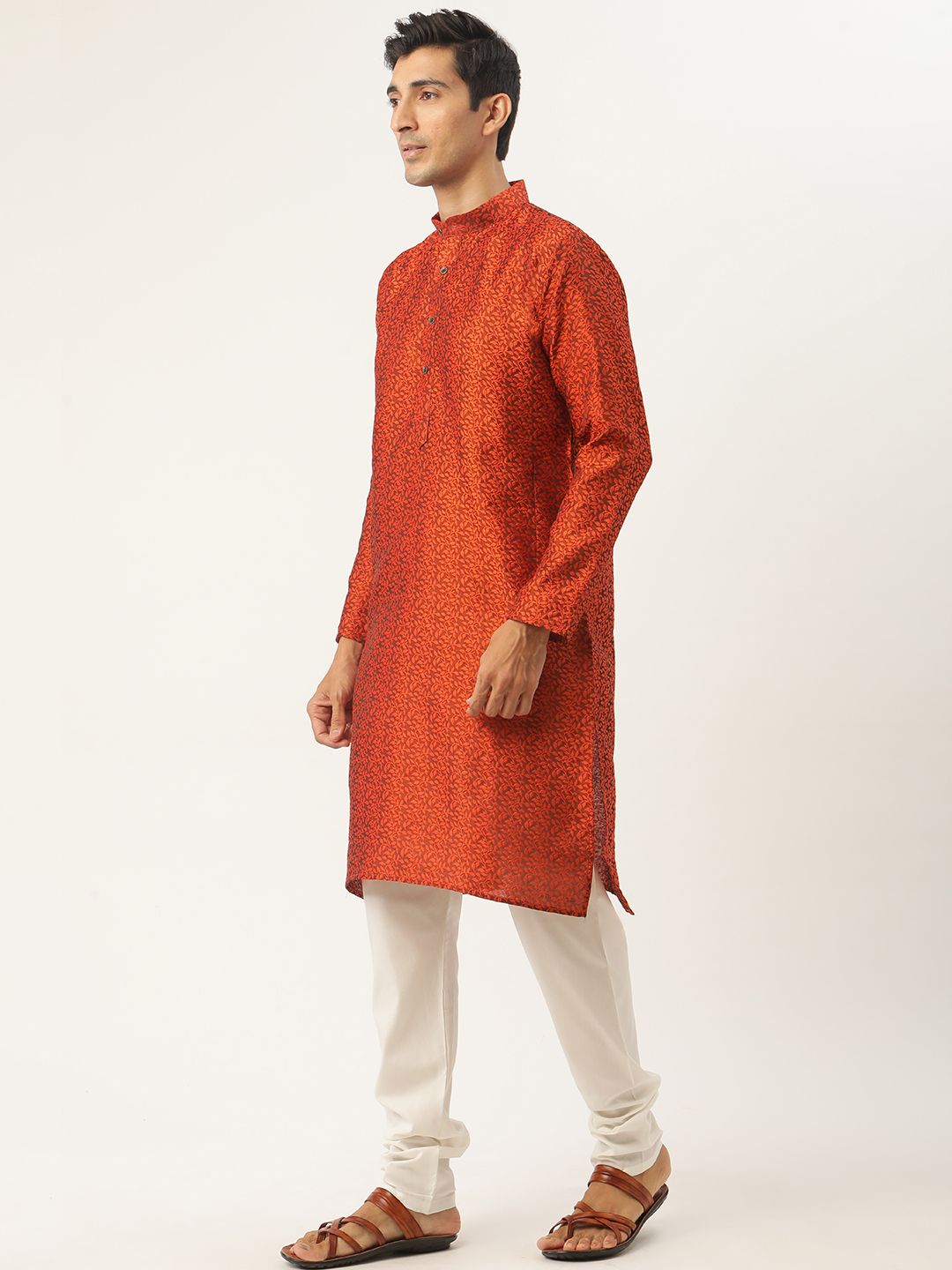 SOJANYA Men Orange Self-Design Kurta with Churidar & Nehru Jacket