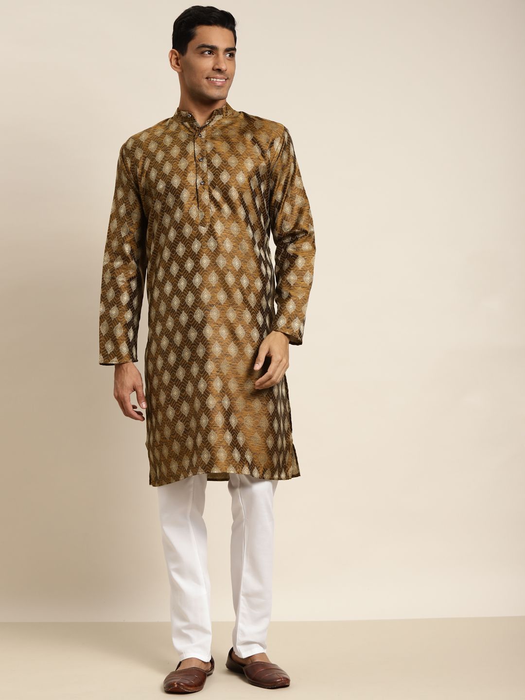 SOJANYA Lelaki Mustard Yellow & Gold-Tona Jacquard Kurta