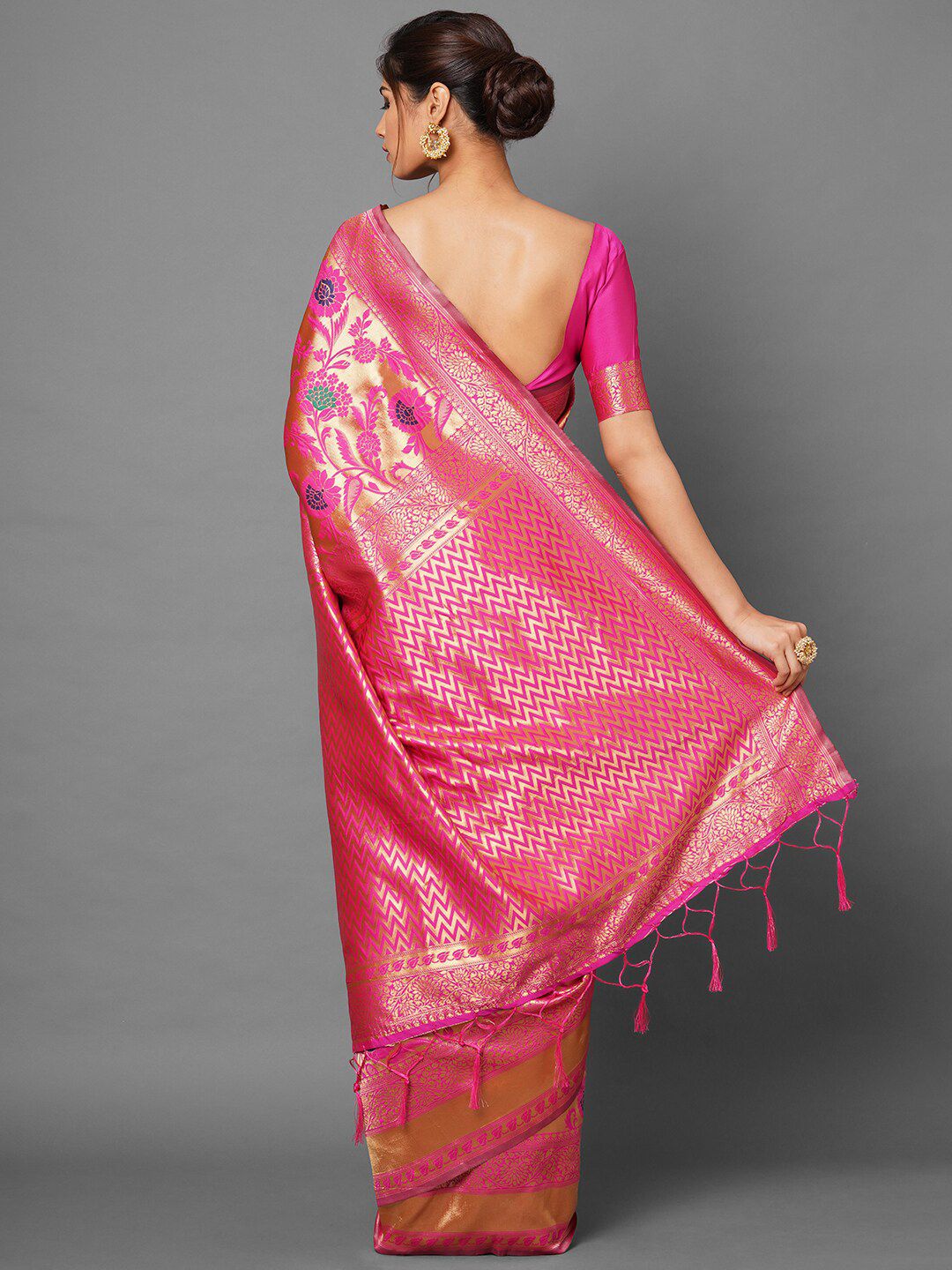 Saree mall Pink & Green Woven Design Silk Blend Banarasi Sarees