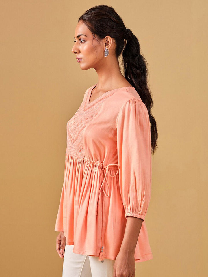 Global Desi Embroidered Puff Sleeves Gathered Top