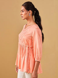 Global Desi Embroidered Puff Sleeves Gathered Top