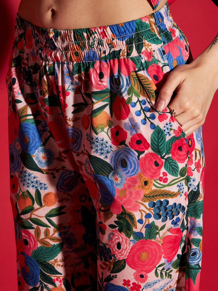 Sassafras Multicolor Floral Printed Peplum Top & Trousers Co-Ords