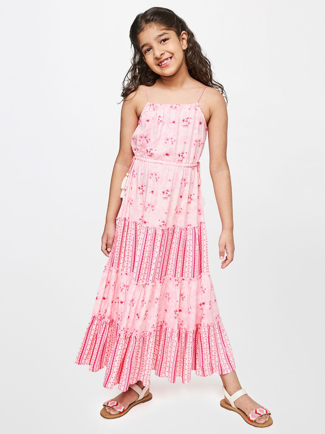 Global Desi Pink & White Floral A-Line Maxi Dress