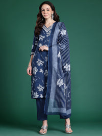 Indo Era Floral Printed Regular Pure Cotton Kurta with Trousers & Dupatta