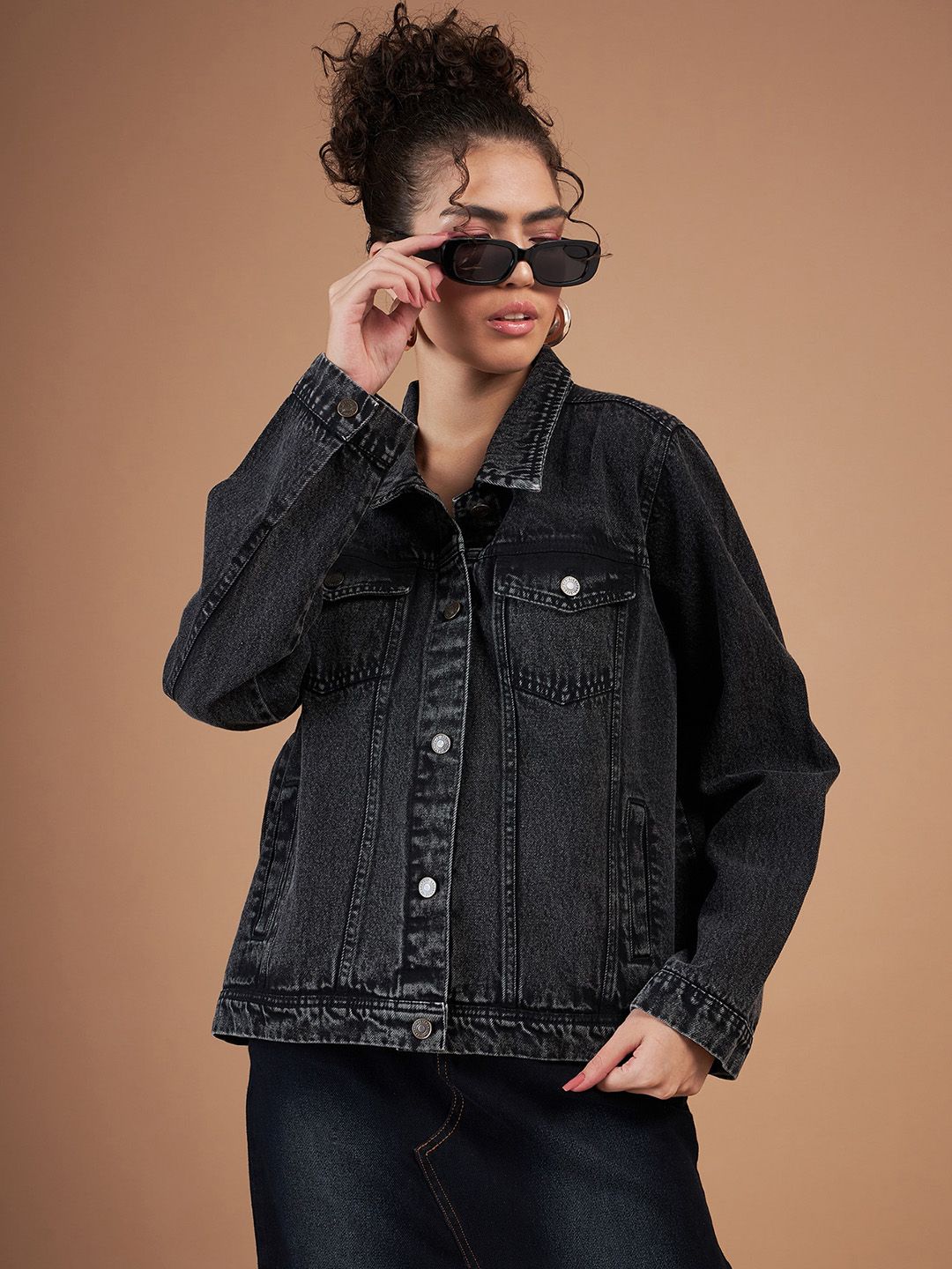 SASSAFRAS Black Washed Spread Collar Denim Jacket