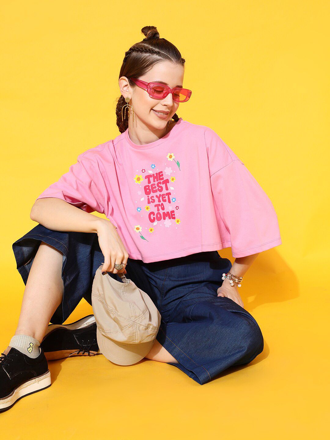 STREET 9 Women Pink Typography Printed Bio Finish Pure Cotton Boxy Crop T-shirt