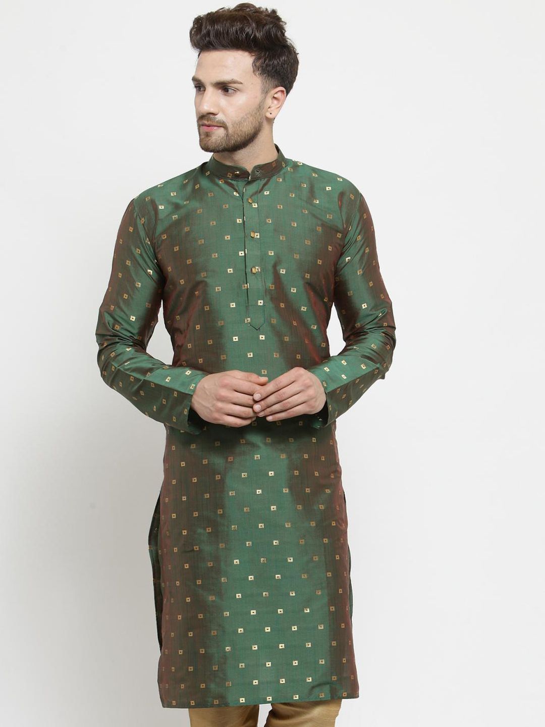SOJANYA Men Green Woven Design Straight Kurta