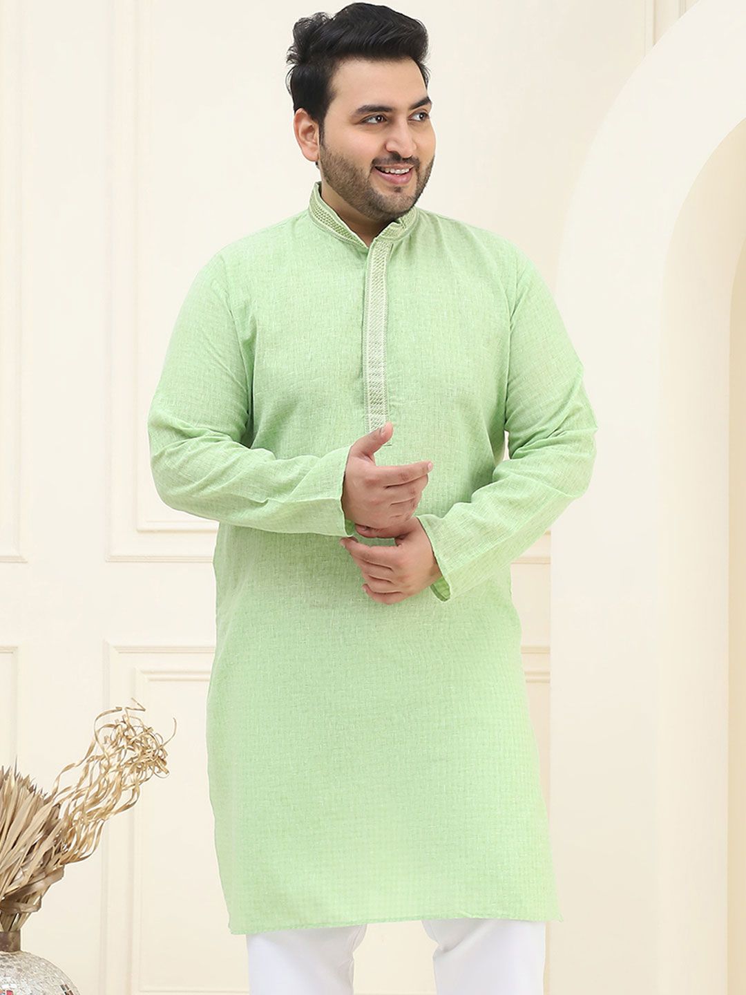 SOJANYA PLUS Plus Size Kolar Mandarin Kapas Tulen Kurta Lurus