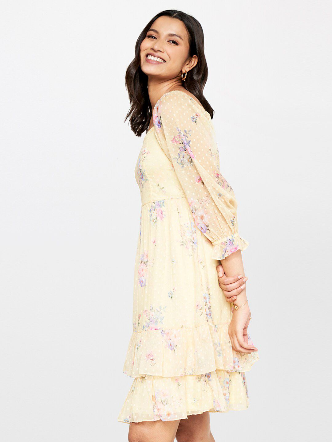 AND Square Neck Floral Printed Layered Smocked A-Line Dress